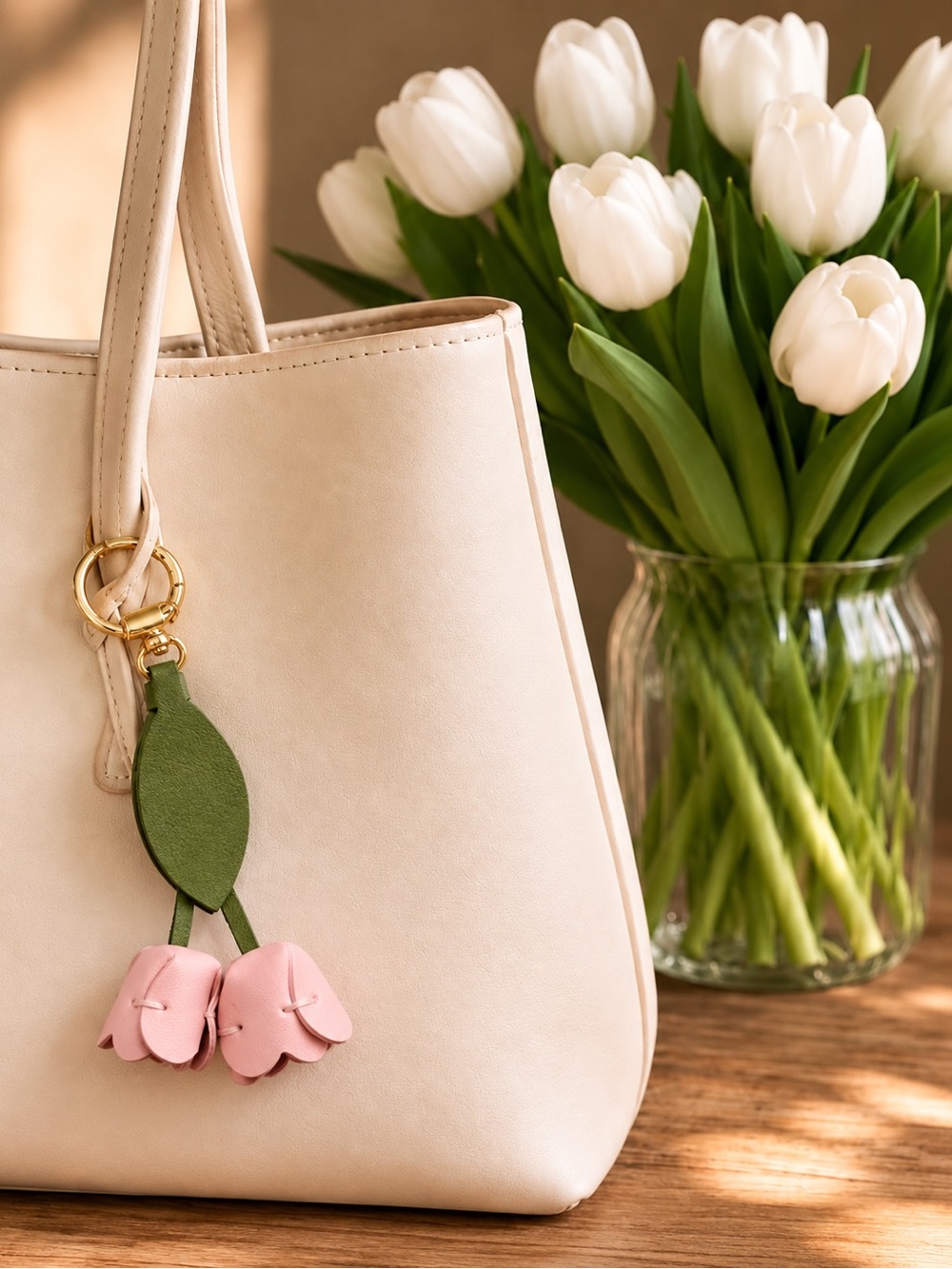 Pink Floral Tulip Leather Keychain with Green Leaf Accent